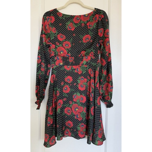FREE PEOPLE Morning Light Satin Mini Dress‎ in Black Poppy Floral/Polka Dot Sz 8 - Picture 10 of 16